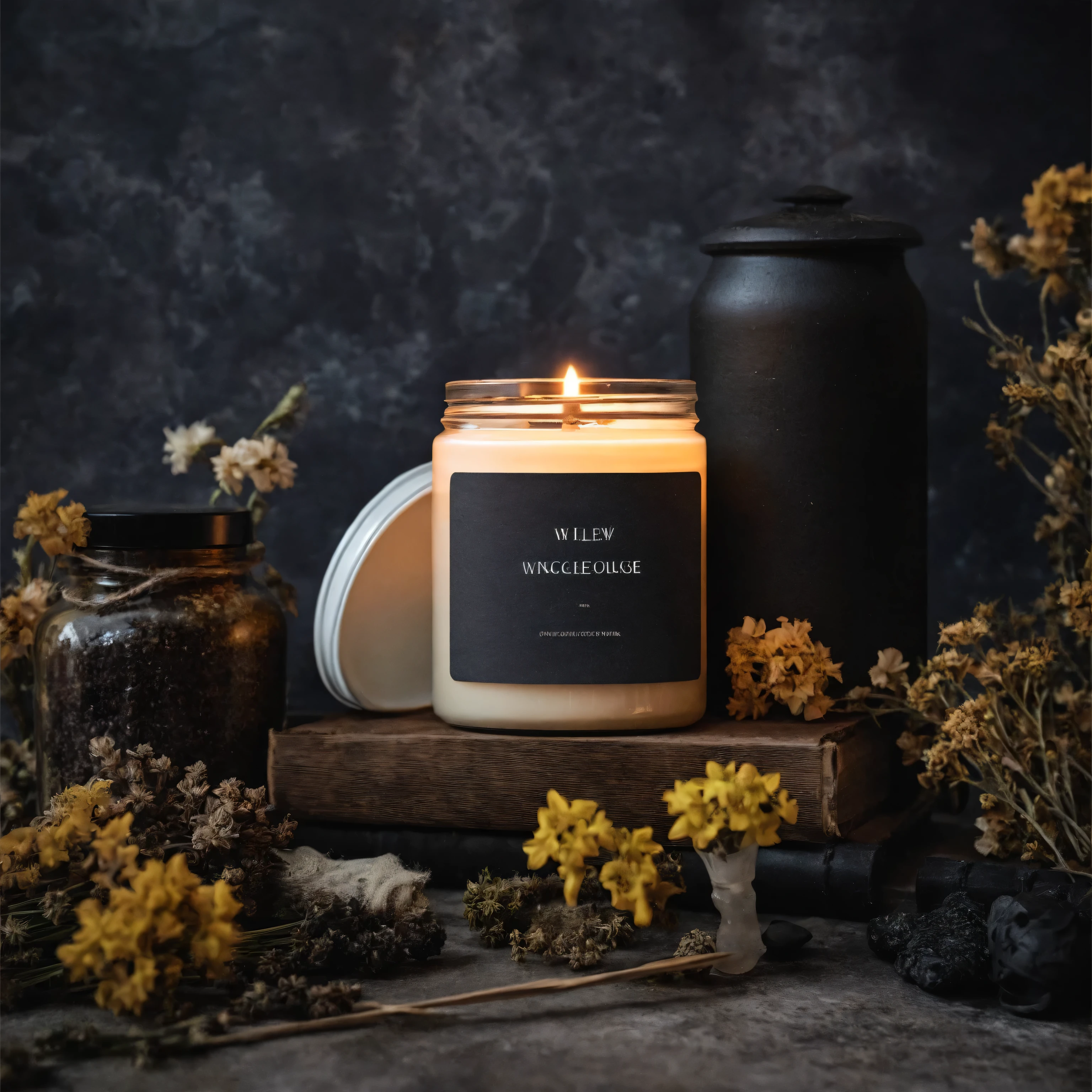 Mockup empty, a blank small beige candle in a jar with white label and black lid surrounded by esoteric items, in moody, dark esoteric environment, new age themed, incense, candles, potions, dried flowers