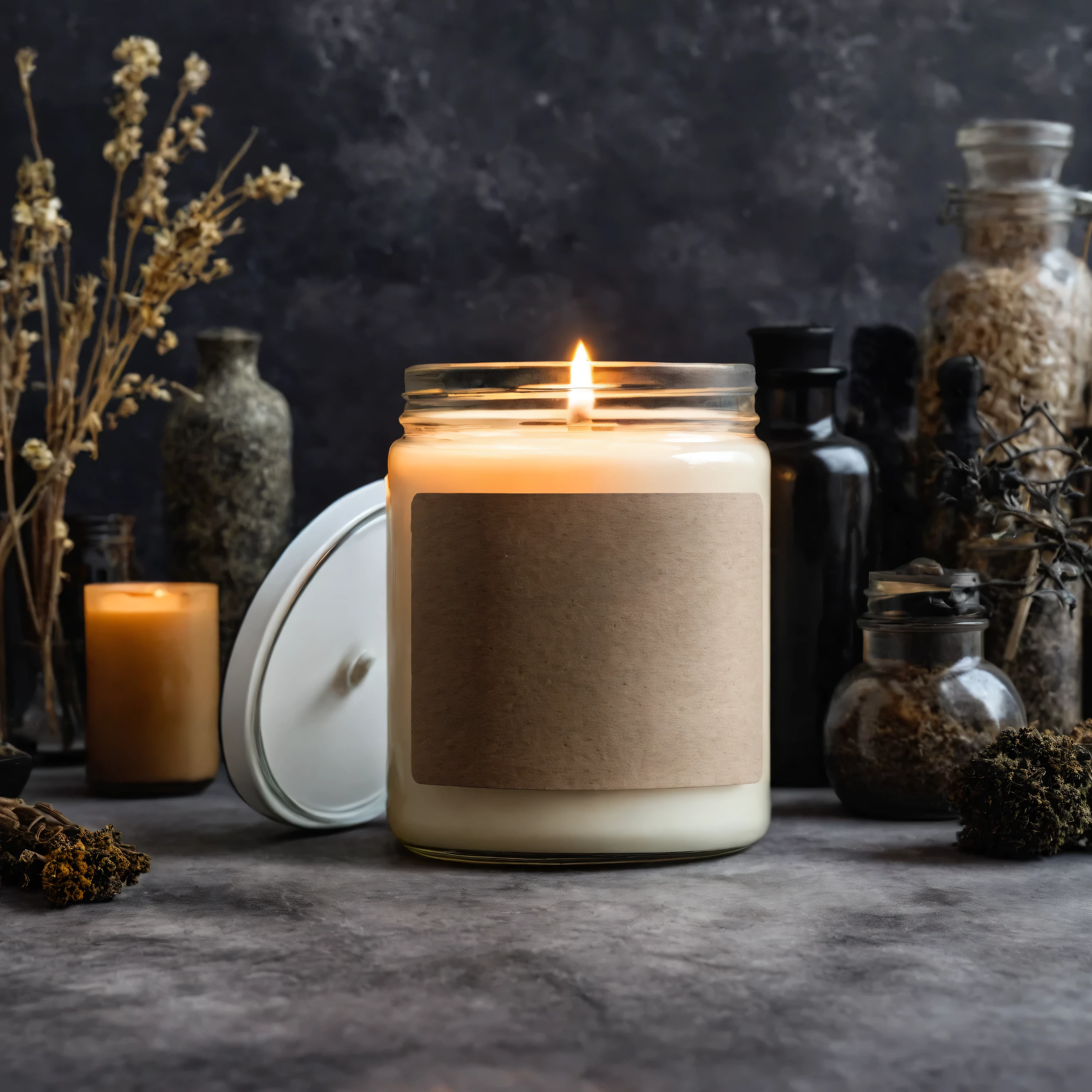 Mockup empty, a blank small beige candle in a jar with white label and black lid surrounded by esoteric items, in moody, dark esoteric environment, new age themed, incense, candles, potions, dried flowers