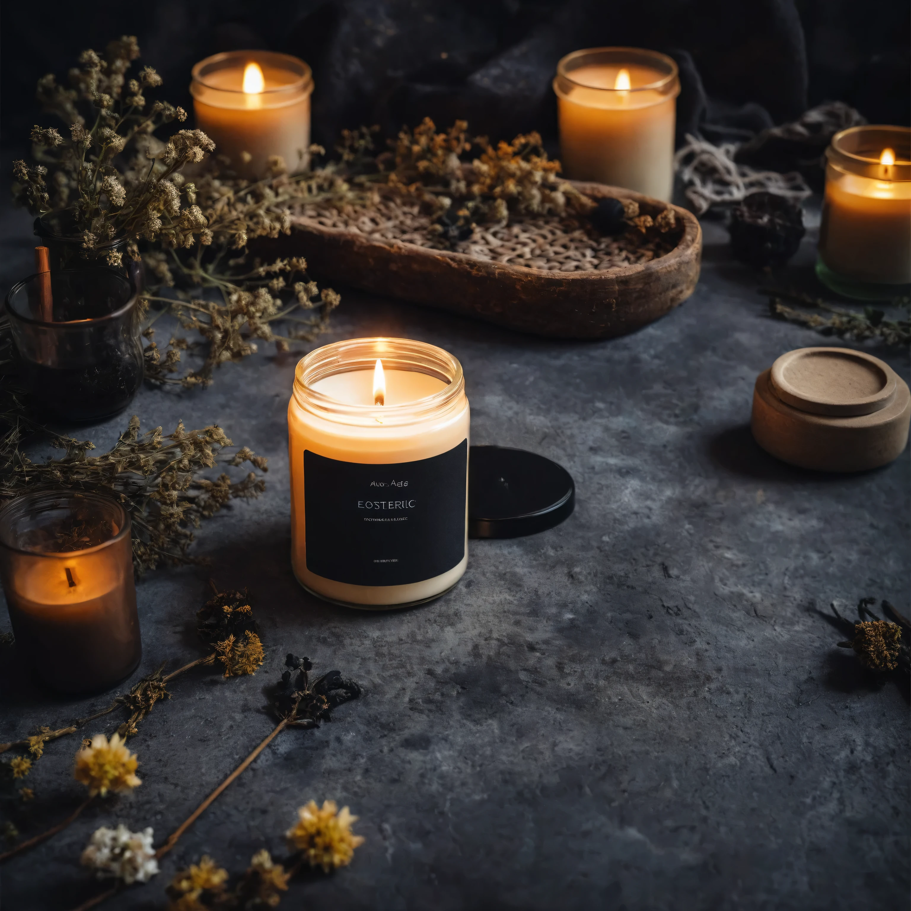 Mockup empty, a blank small beige candle in a jar with white label and black lid surrounded by esoteric items, in moody, dark esoteric environment, new age themed, incense, candles, potions, dried flowers