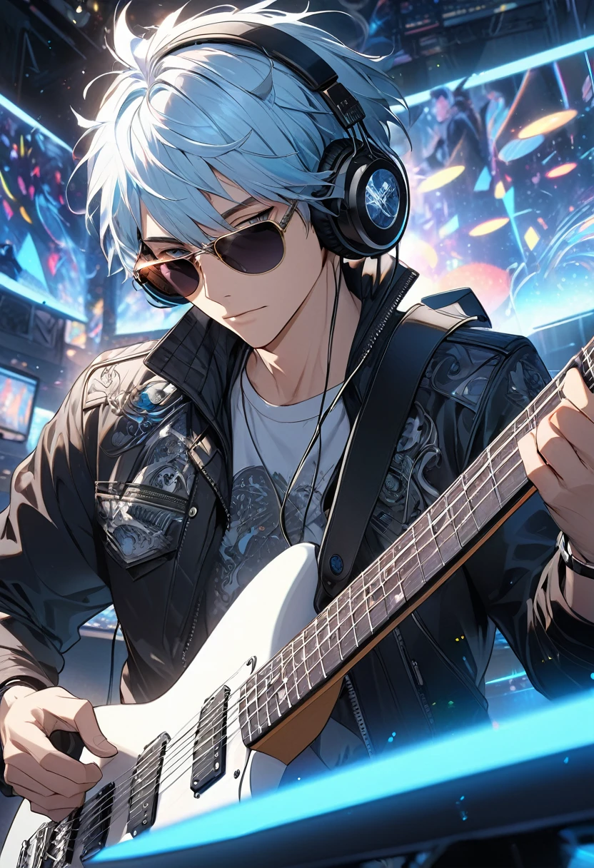  Perfect anatomy correct detailed handsome extremely detailed face of light blue haired boy wearing black jacket playing guitar wearing sunglasses, Closeup dynamic angle of guitarist using headphones with blue light swirl in background, Bright lights highly detailed digital, Art Station, Concept art music atmosphere played artwork super detailed animation art visual effects perfect anatomy correct detailed sharp focus illustration hd 