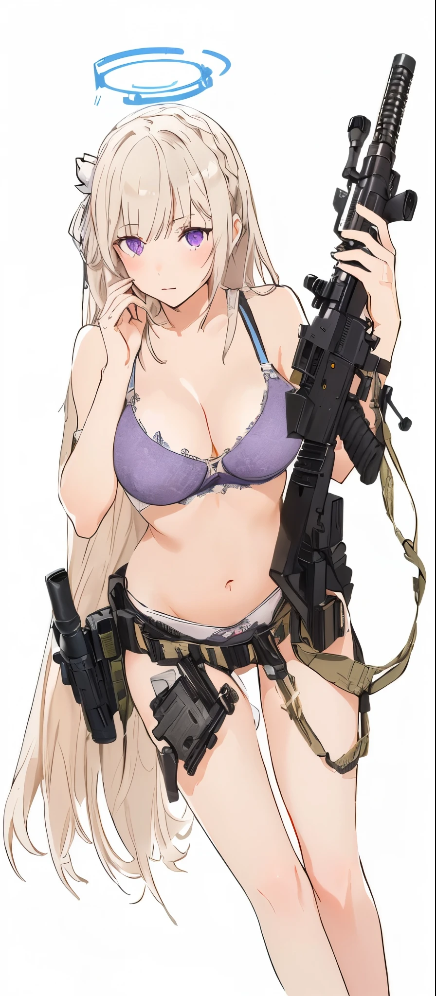 Emilia re:zero, purple eyes, Emilia, crown braid, x hair ornament, flower hair ornament, white hair, long hair, medium breasts, anime girl with a gun and angel halo, bikini + tattered military gear, m4 sopmod ii girls frontline, with rifle, from girls frontline, fine details. girls frontline, with pistol, misa amane *, infantry girl, mechanized soldier girl, soldier girl, of a sniper girl in war, girls frontline style, with a gun, misa amane, calvin klein bra, calvin klein panties,