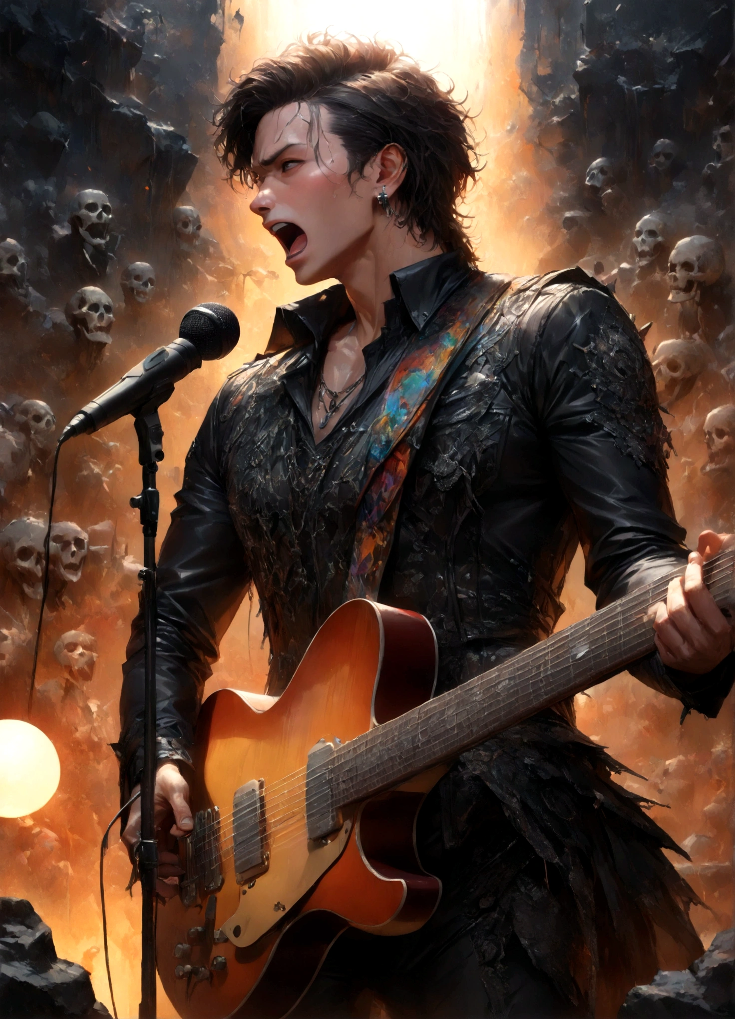 1 male,close up shot,focus on men,moderately muscular,The man is a guitarist and vocalist in a rock band.,neutral black short hair,the man is looking to the side,A man is playing a black electric guitar,(masculine profile),The man looks like he's half yellow and half white.,((Singing as if screaming: 1.3)),photoreal,Black rock musician costume details,angry face,suffering,sorrow,anatomically correct,(masterpiece:1.3),(highest quality:1.4),(ultra detailed:1.5),High resolution,extremely detailed,unity 8k wallpaper,draw artistic background,(Draws an abstract and decadent image in the dark, with a large number of gray skeletons and colorful musical notes),(Please vary the size of the notes to create a sense of perspective),beautiful light and shadow,This image is a rock music poster,Please draw the man carefully and intricately.,dark fantasy,intricate details,unbelievably absurd,energetic,rock,cool,punk rock or hardcore music,concert venue lighting,BREAK,Black rock musician costume details,(masterpiece:1.3),(highest quality:1.4),(ultra detailed:1.5)