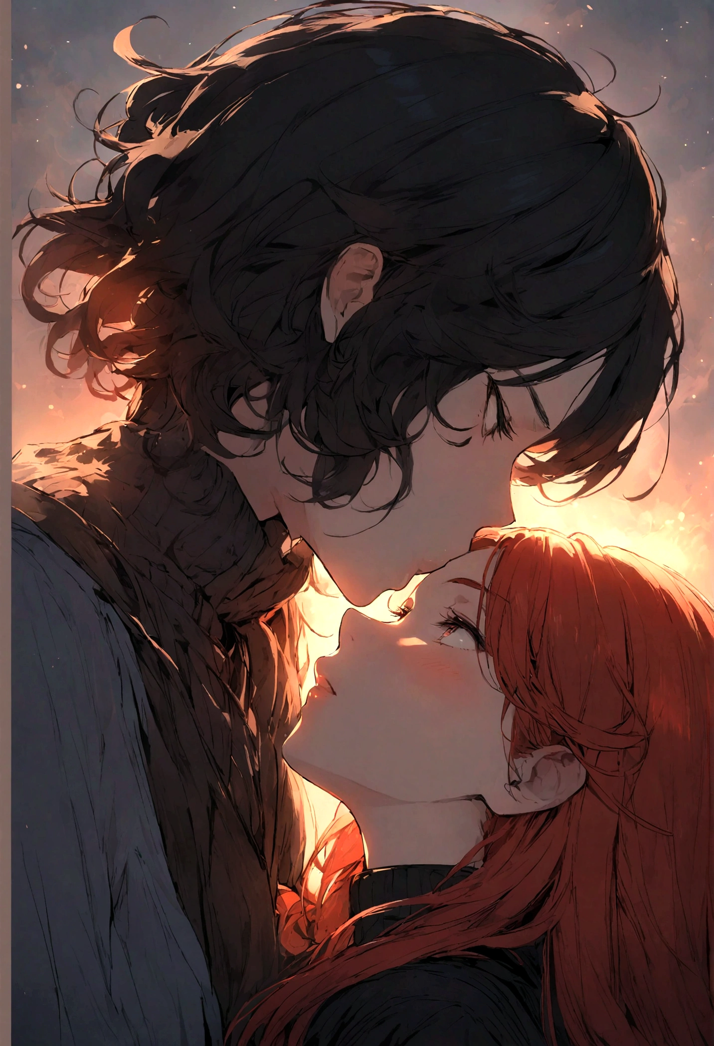 a redhaired woman kissing a black-haired man