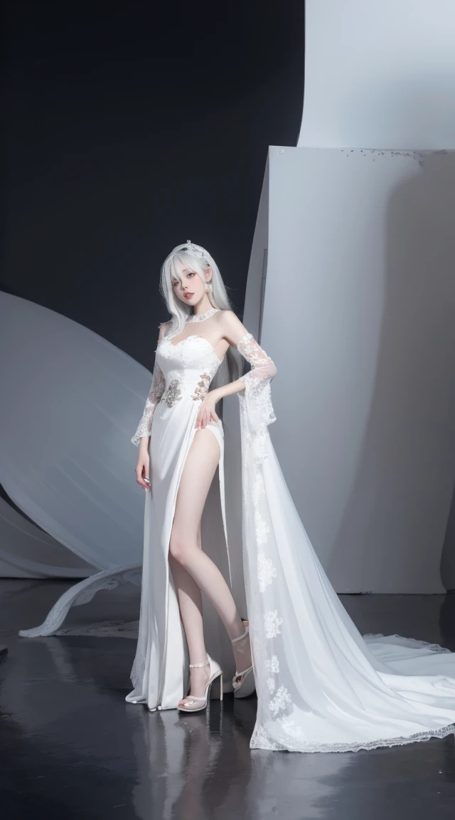8K, Surrealism, masterpiece, best quality, Super detailed, high resolution, Random Background, 1 girl, (:1.5), Yao Liu, white hair,whole body,White wedding dress,High heel,whole body,One meter eight,tall and big,Don't expose your private parts