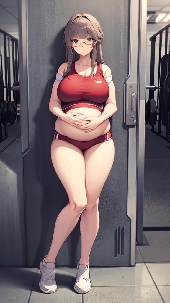 (Full body, glasses), An image of a pregnant girl with her belly on full display wearing gym clothes. She is a very voluptuous lady