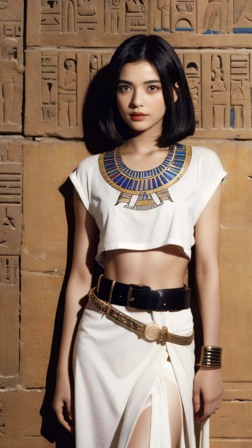 242 20-year-old female, short hair,kind, lipstick, Egyptian civilization, Belt on waist, hieroglyph