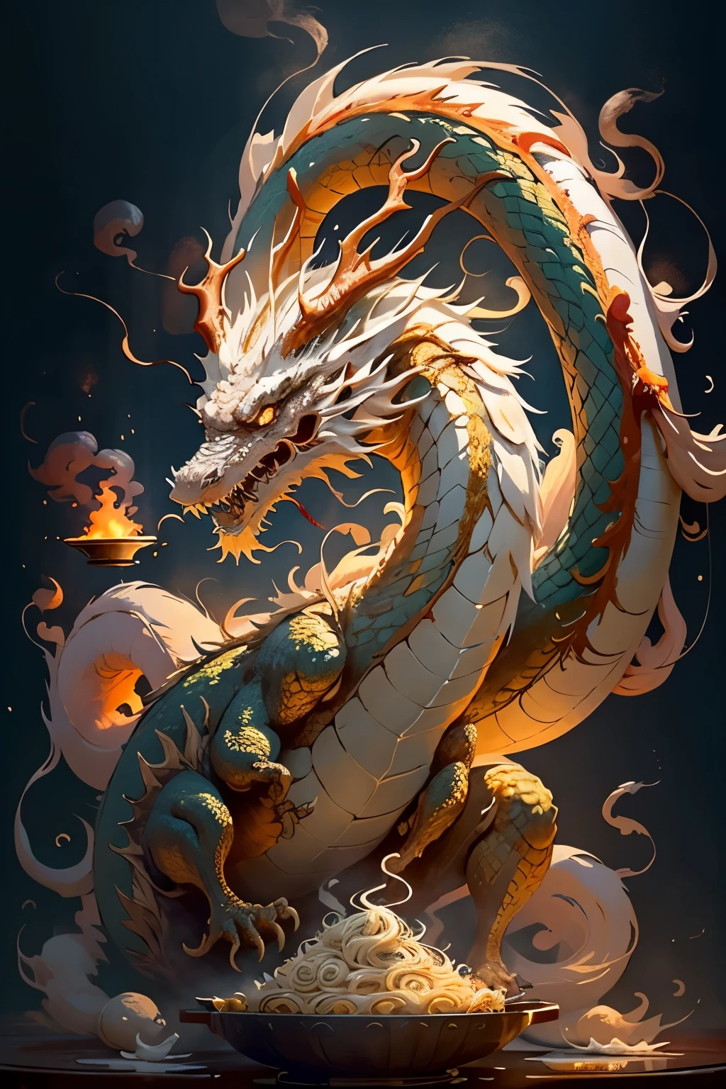 A Majestic Dragon, Devouring Steaming Hot and Dry Noodles -- Scene 2:

In stark contrast to the blazing, fiery breath of the towering dragon, a plate of delicate, aromatic hot dry noodles lies before it. The dragon, with its scales shimmering like molten gold, delicately picks up a noodle with its claws, the steam from the dish swirling around its colossal form. The noodles, each one a testament to perfection, disappear into the dragon's gaping maw, leaving behind only the faint echo of slurping sounds. Amidst the chaos, a group of astonished humans watch from