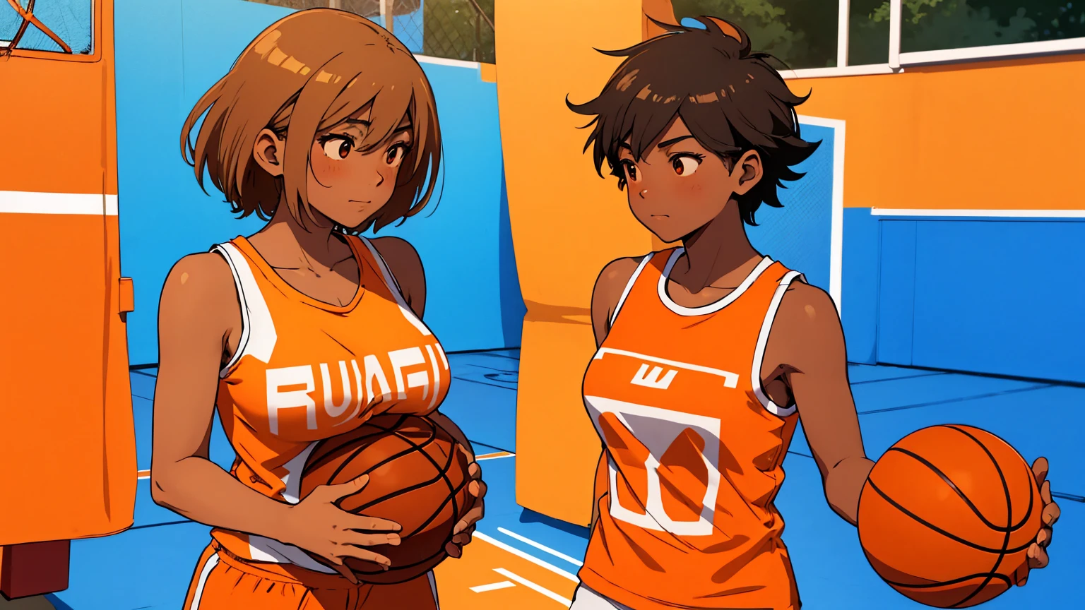 tanned, tan skin, Kel, orange tank top, orange shorts blushSuper huge big breasts breast enlargement Illustration of a person standing on the basketball court, ultra-detailed, HDR, vibrant colors, soft lighting