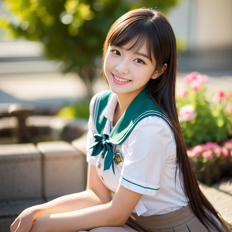 (((full bodyesbian)))、((Girls' High School Uniforms))、((1a person))、ponytail、short-hair、Close to the subject、((a school flower beds)))、(((ssmile)))、(((Girls' High School)))、((a beauty girl))、((natural pose))、Photorealsitic、Beautiful detailed eyes、Hyper-Realism、highcontrast、Ultra HD、realistic skin textures、Top image quality、top-quality、超A high resolution、Fine details、Very meticulously、bokeh、well-endowed round bosom