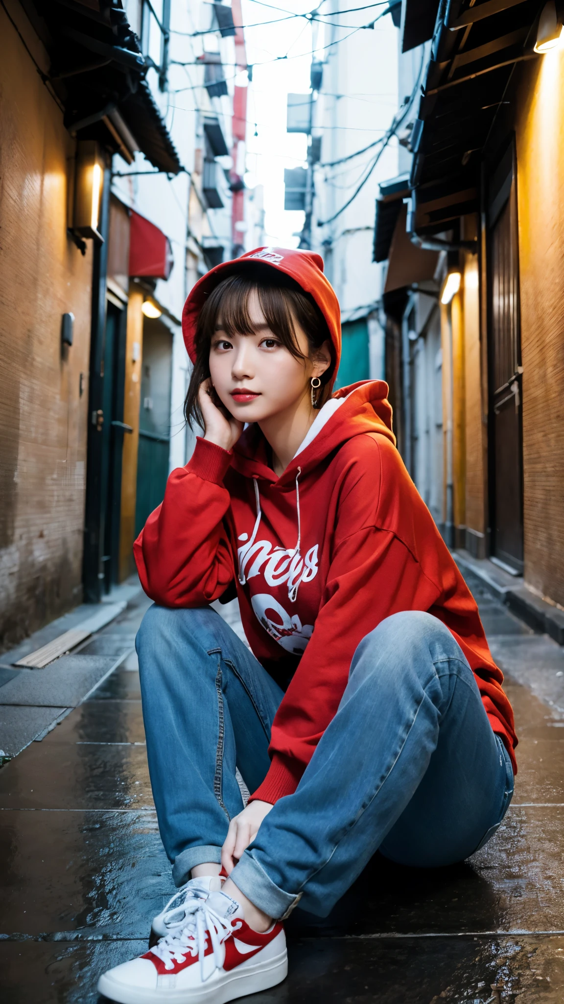 (highest quality,masterpiece:1.3,Ultra-high resolution),(Super detailed,Caustics,8k), (Photorealistic:1.4, RAW shooting),Japanese,20-year-old,Natural brown short hair,Earrings,Natural Makeup,Red lipstick,Black hoodie,jeans,sneakers,Rainy Sky,Dim Alley,Sitting,Low position,Low - Angle