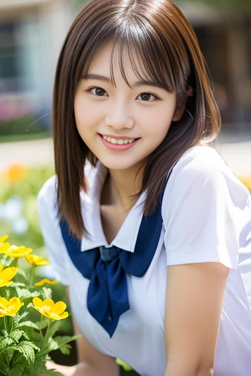 (((full bodyesbian)))、((Girls' High School Uniforms))、((1a person))、ponytail、short-hair、Close to the subject、((a school flower beds)))、(((ssmile)))、(((Girls' High School)))、((a beauty girl))、((natural pose))、Photorealsitic、Beautiful detailed eyes、Hyper-Realism、highcontrast、Ultra HD、realistic skin textures、Top image quality、top-quality、超A high resolution、Fine details、Very meticulously、bokeh、well-endowed round bosom