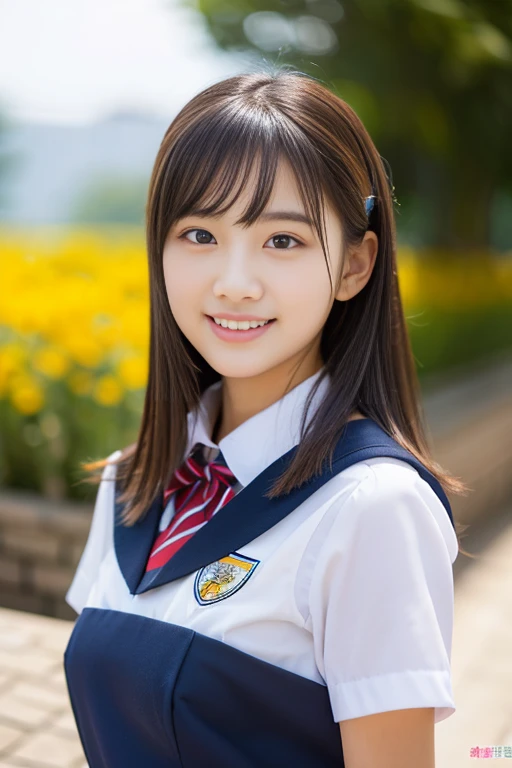 (((full bodyesbian)))、((Girls' High School Uniforms))、((１a person))、ponytail、short-hair、Close to the subject、((a school flower beds)))、(((ssmile)))、(((Girls' High School)))、((a beauty girl))、((natural pose))、Photorealsitic、Beautiful detailed eyes、Hyper-Realism、highcontrast、Ultra HD、realistic skin textures、Top image quality、top-quality、超A high resolution、Fine details、Very meticulously、bokeh、well-endowed round bosom