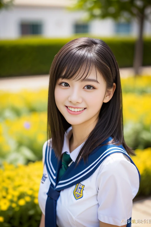 (((full bodyesbian)))、((Girls' High School Uniforms))、((1a person))、ponytail、short-hair、Close to the subject、((a school flower beds)))、(((ssmile)))、(((Girls' High School)))、((a beauty girl))、((natural pose))、Photorealsitic、Beautiful detailed eyes、Hyper-Realism、highcontrast、Ultra HD、realistic skin textures、Top image quality、top-quality、超A high resolution、Fine details、Very meticulously、bokeh、well-endowed round bosom
