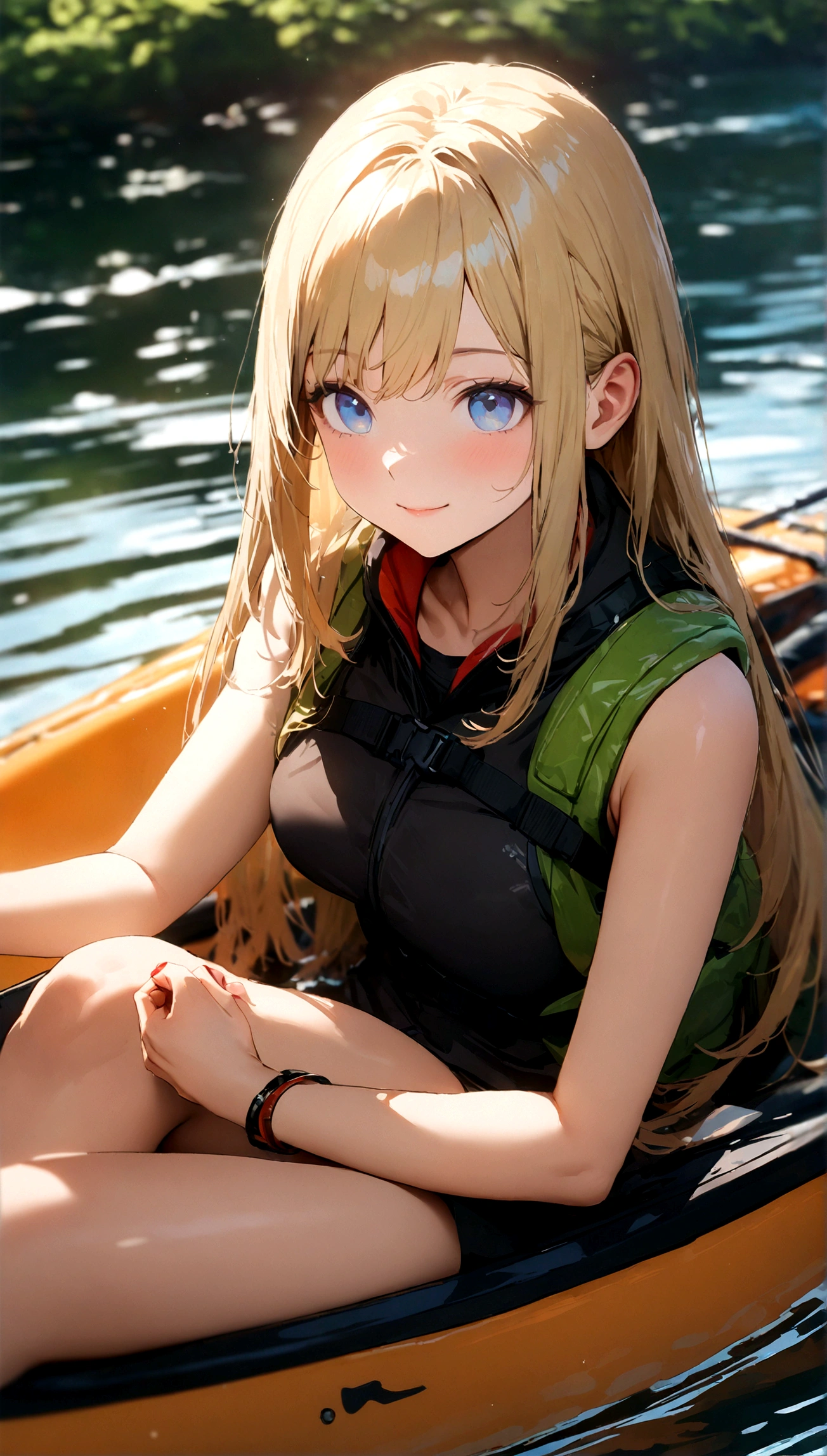 ((Best quality, 8K, Masterpiece: 1.3, Ultra HD, High quality, High resolution, Realism)), Very beautiful Caucasian female 22 years old, Blonde hair color, Blue eye color, Straight hair, Smiling, Slim but well-proportioned body, Blurred background ((Depth of field)), Aerial perspective ((Atmospheric perspective)), Wanting to keep head off-screen, Wearing anklets on ankles, Red nail polish, Getting a pedicure, Lake in the woods, Riding a kayak ((Kayak)), Wearing a life jacket and paddling through the water with an oar