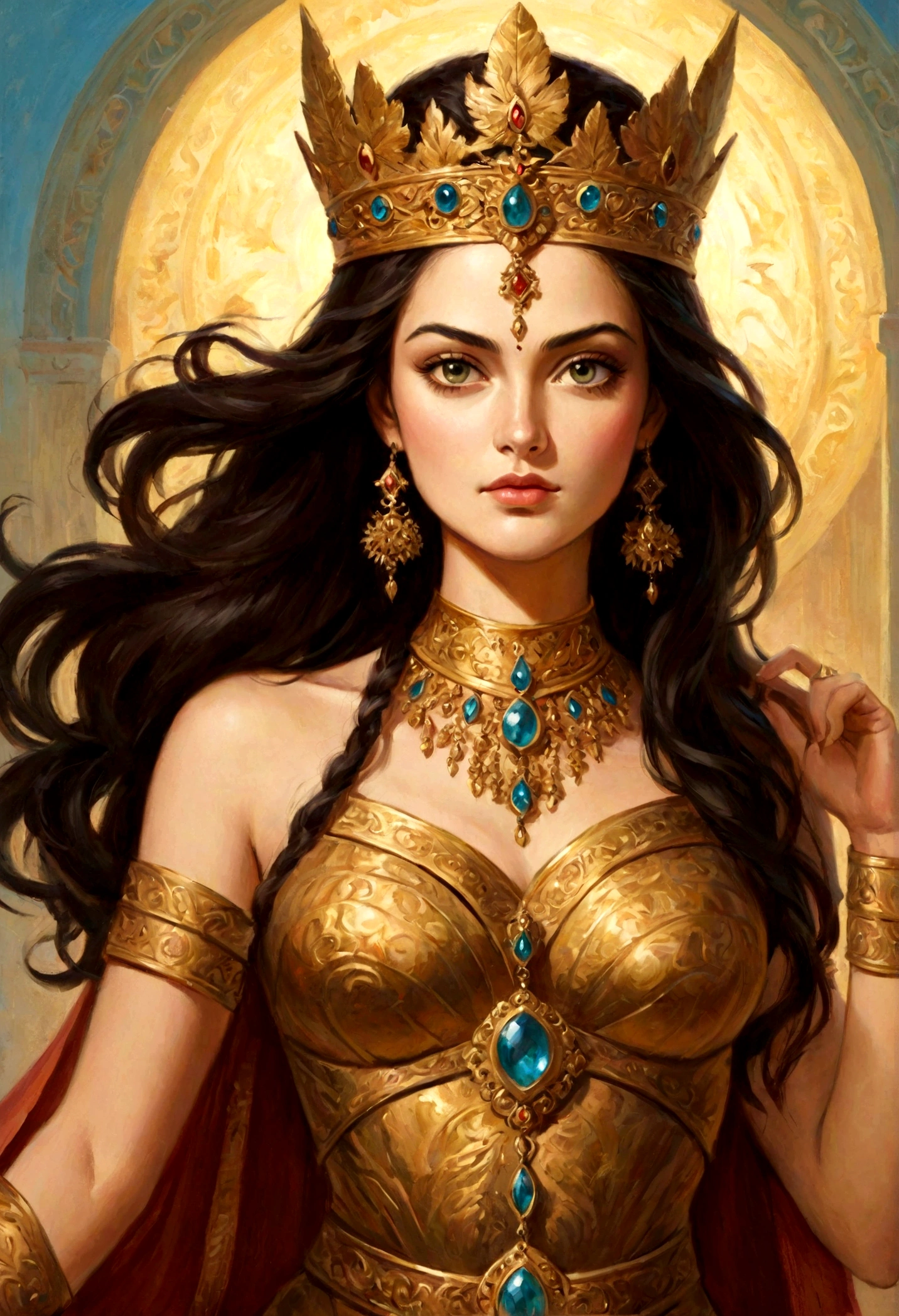Looks like Sandeepa Dhar, "Design an illustration of a stunning and powerful warrior queen with a regal presence. She should possess a combination of strength and grace. Imagine her in ornate, yet practical armor that complements her figure. The armor should be adorned with intricate details and symbols representing her royal lineage and warrior prowess. Her weapon of choice could be a unique and elegant sword or a mythical weapon that reflects her status as a formidable leader. Her facial features should exude confidence and determination, with piercing eyes that convey both fierceness and wisdom. The queen's hair, whether long or short, should flow dynamically, hinting at her movement in battle. Consider incorporating elements that emphasize her connection to nature or a mythical realm, such as ethereal backgrounds, symbolic animals, or mystical symbols. Pay attention to the color palette; use rich, bold colors that enhance her royal aura. Experiment with lighting to highlight specific details and create a sense of drama. Ensure that her posture and expression capture the essence of a queen who commands respect and admiration. Feel free to draw inspiration from historical warrior queens or fictional characters, blending elements to create a unique and captivating image."