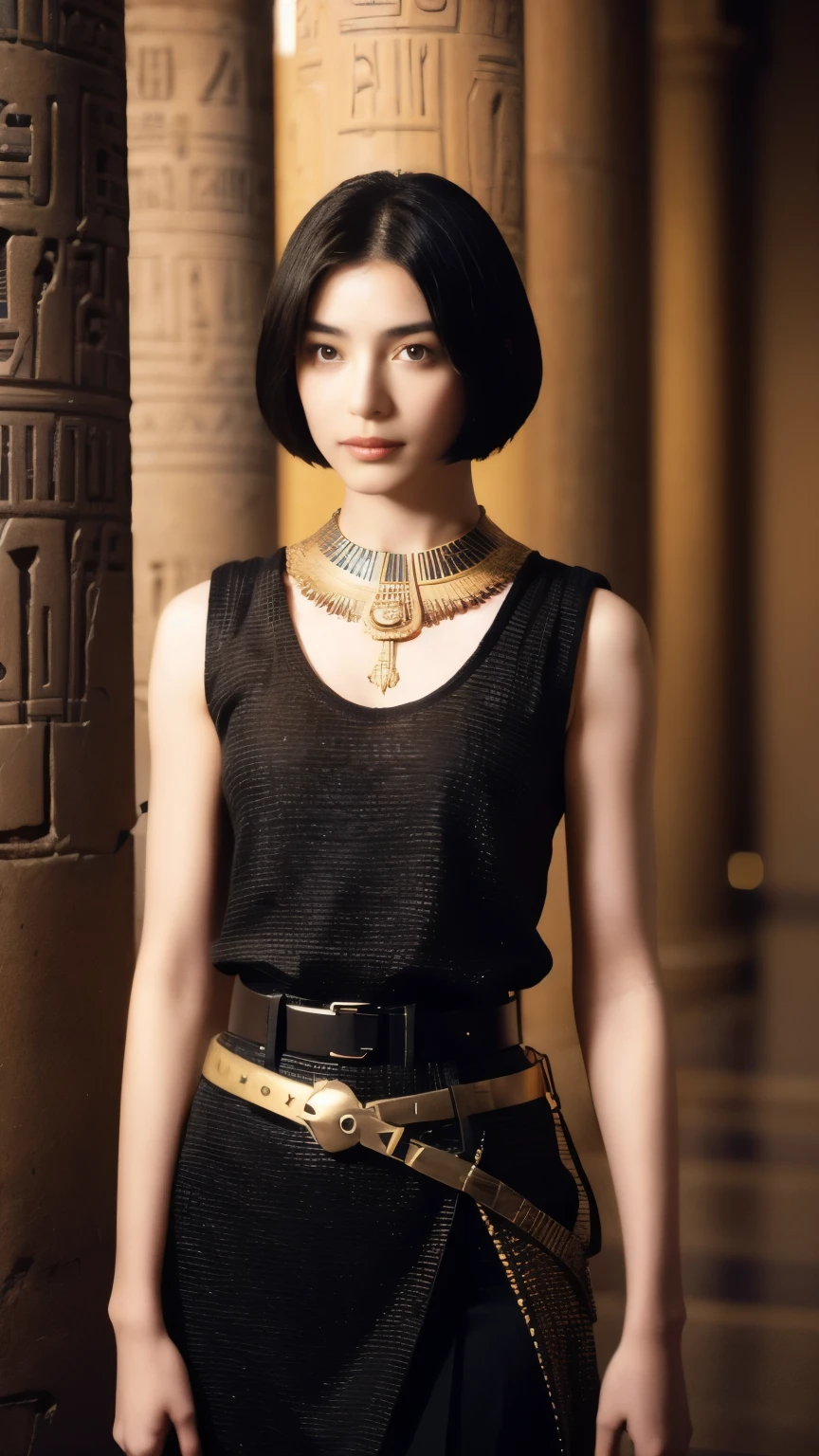 242 20-year-old female, short hair,kind, lipstick, Egyptian civilization, Waist belt, Hieroglyphics
