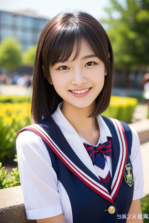 (((full bodyesbian)))、((Girls' High School Uniforms))、((1a person))、ponytail、short-hair、Close to the subject、((a school flower beds)))、(((ssmile)))、(((Girls' High School)))、((a beauty girl))、((sexy pose))、Photorealsitic、Beautiful detailed eyes、Hyper-Realism、highcontrast、Ultra HD、realistic skin textures、Top image quality、top-quality、超A high resolution、Fine details、Very meticulously、ample round bosom