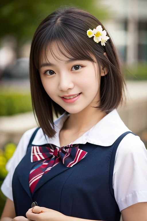 (((full bodyesbian)))、((Girls' High School Uniforms))、((1a person))、ponytail、short-hair、Close to the subject、((a school flower beds)))、(((ssmile)))、(((Girls' High School)))、((a beauty girl))、((sexy pose))、Photorealsitic、Beautiful detailed eyes、Hyper-Realism、highcontrast、Ultra HD、realistic skin textures、Top image quality、top-quality、超A high resolution、Fine details、Very meticulously、ample round bosom