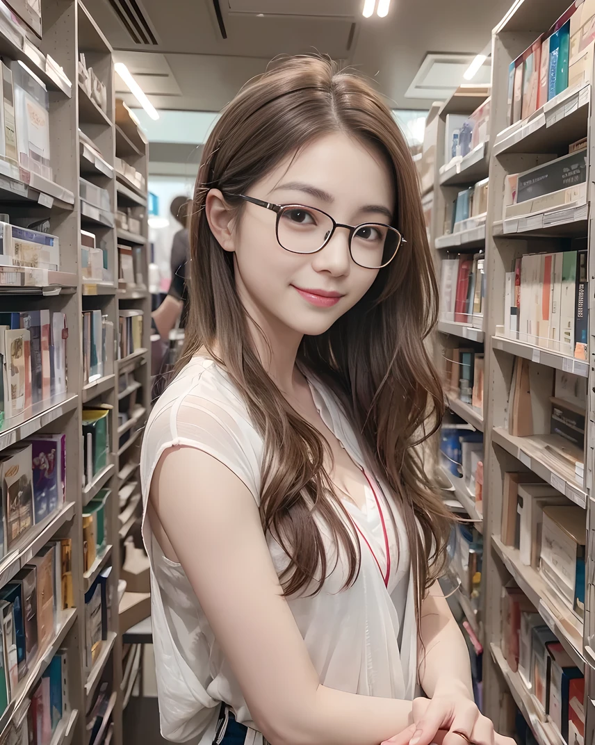 Tabletop、High resolution、30-year-old woman、Woman wearing glasses、Intelligent and bespectacled。Looking into the camera、smile、Finish as shown in the picture、Her skin is white and beautiful、Colored inside、Hair should be tied back、Slender、