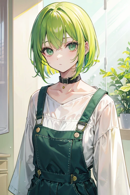 Yellow-green hair、Bob Hair、woman、young、Clothes、Gentle and calm、Solid stuff、Mature、Green Eyes、Overall a loose hoodie