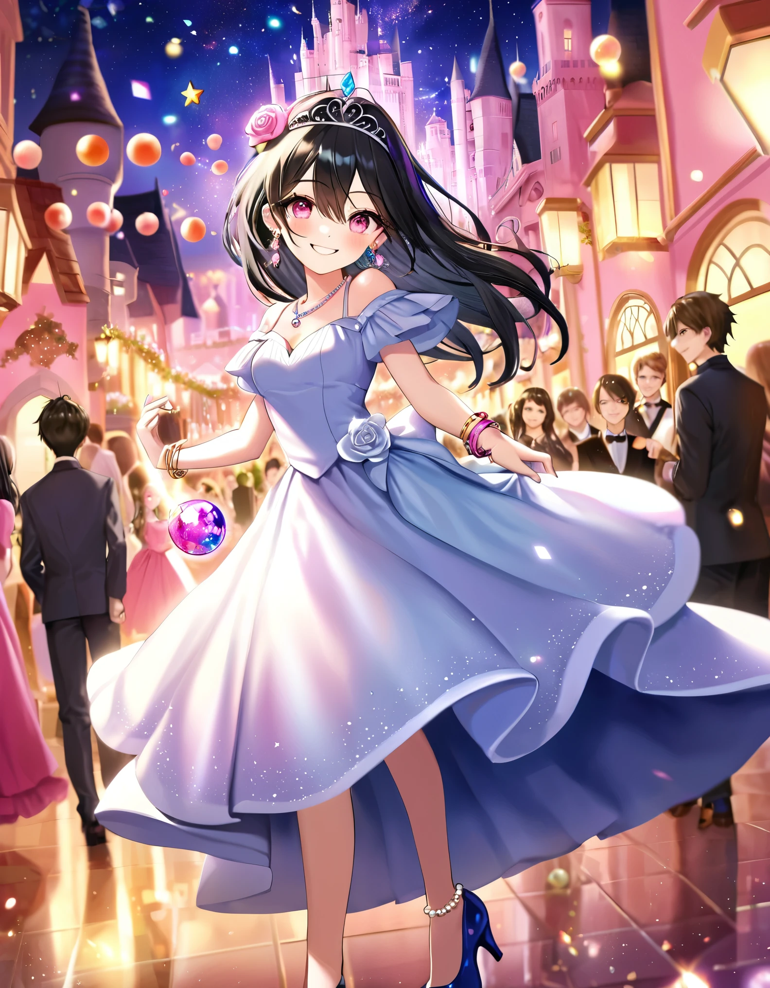 (best quality,4k,8k,highres,masterpiece:1.2),ultra-detailed,(realistic,photorealistic,photo-realistic:1.37), fantasy setting, Magic school, (1girl), high school boy magically transformed into a cute school girl, long black hair, fair skin, colorful lighting,fantasy world,pink eyes,gender bending, prom night,beautiful ballgown,high heels, pearl earrings and necklace, gold bracelets, portrait,soft lighting,pink color palette,sparkling tiara,glamorous makeup,elegant pose,girlish smile,rose corsage,emotional eyes,twinkling stars in the background,magical atmosphere,shimmering glow,enchanted surroundings, excitement,joyful celebration,memorable evening,romantic ambiance,classic fairytale setting,unforgettable experience,teenage dreams coming true,shimmering and glowing effects,enchanted ,eye-catching accessories,beautifully detailed lips,subtle surreal elements,life-changing moment