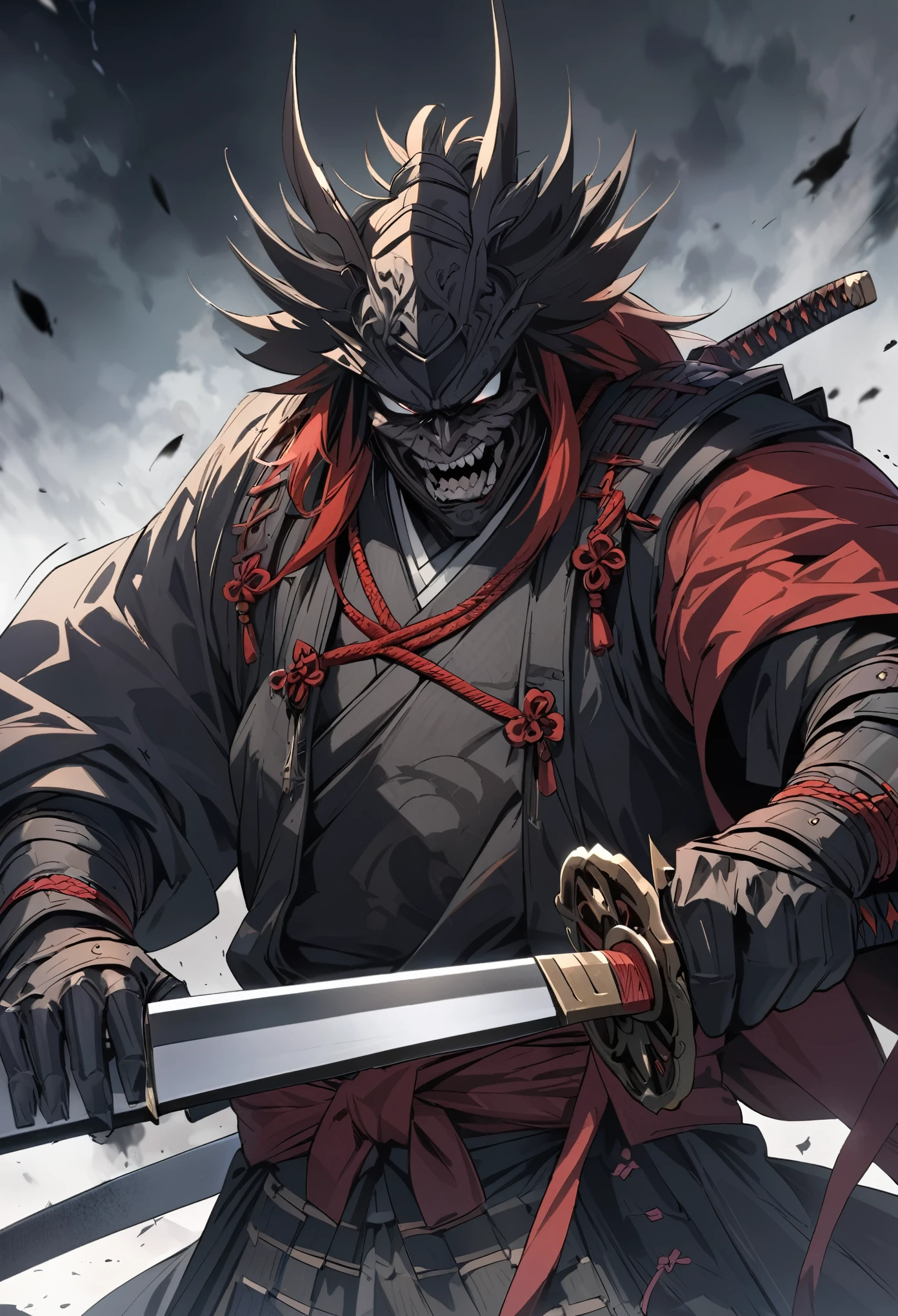 masterpiece, highest quality, Very detailed, anime, A samurai, sword, holding 邪evilなオーラ, male, evil, Strong feeling