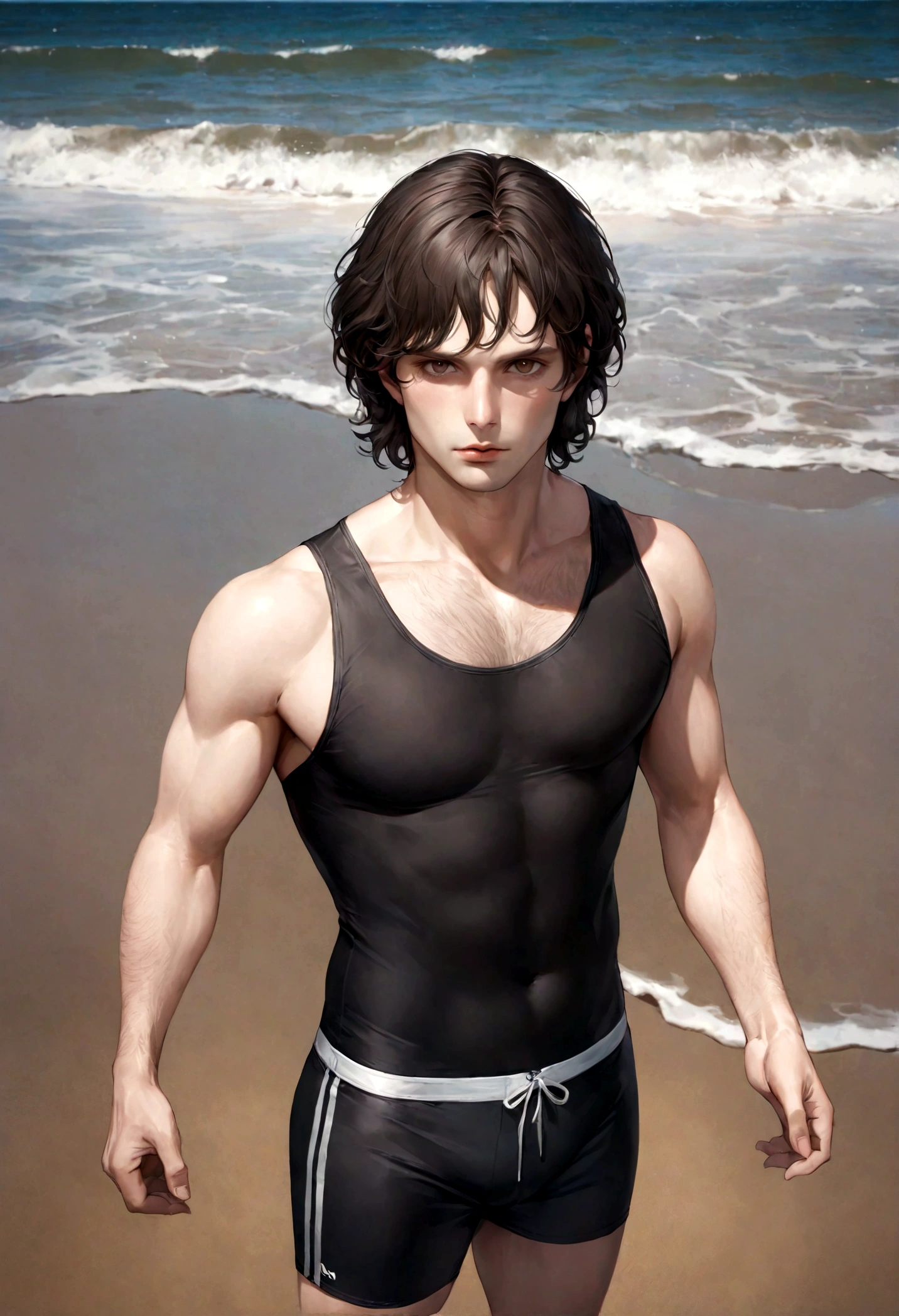 (swimwear for men), ), (con barba ,) (ojos color cafe claro), Aspecto atractivo y serio, Dark brown hair, swimming clothes, Un hombre similar al actor Jim Morrison, (Imagen realista y de alta calidad), fondo en la playa, se ve el mar, ((La mejor calidad, 8K, obra maestra).((dynamic pose))