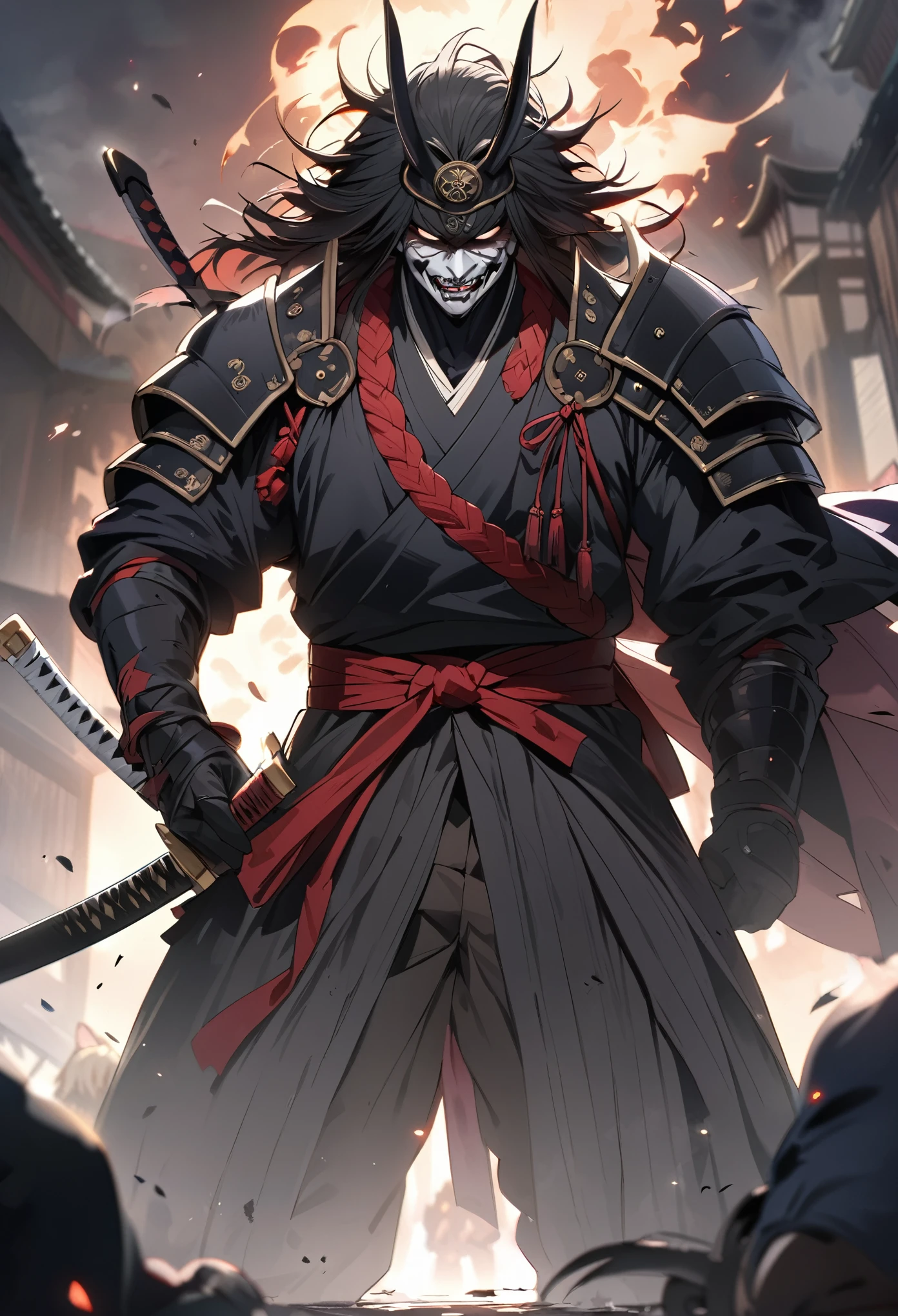 masterpiece, highest quality, Very detailed, anime,  A samurai, sword, holding 邪evilなオーラ, male, evil, Strong feeling, 邪evilな笑い