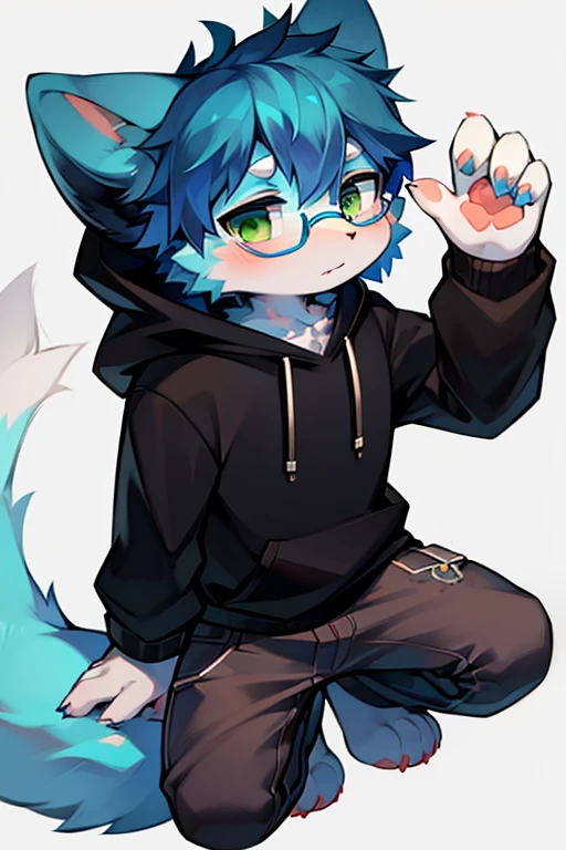 (Best quality,4k,8k,high resolution,masterpiece:1.2),Ultra Detail,Blue short hair,Fluffy,cute,illustration,Shota,number,Vibrant colors,Surreal,Pastel color palette,Soft lighting,hairy,Cat,Cat耳朵,Cat尾巴,Green Eyes,male,Long Tail,personification,hairy艺术风格,Blue fur,Black Hoodie,White trousers,Black sneakers,wear glasses,Cycling)