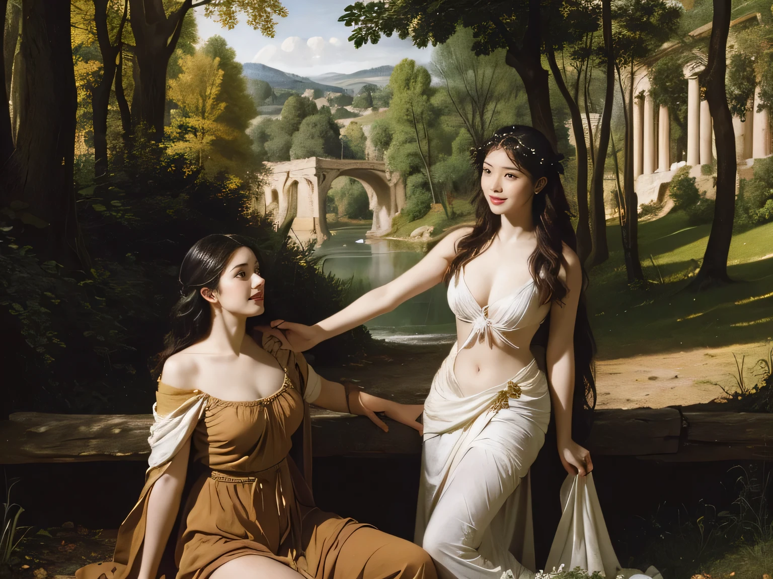 Giorgione painting style,Barbizon forest A beautiful woman in Greek dress smiles on the shore,Sweet and seductive appearance.、Caravaggio's paintings、Chiaroscuro of Caravaggio、hair tousled by the wind,Two women frolicking,cute smile, expression of ecstasy,Sexy,erotic, full body portrait