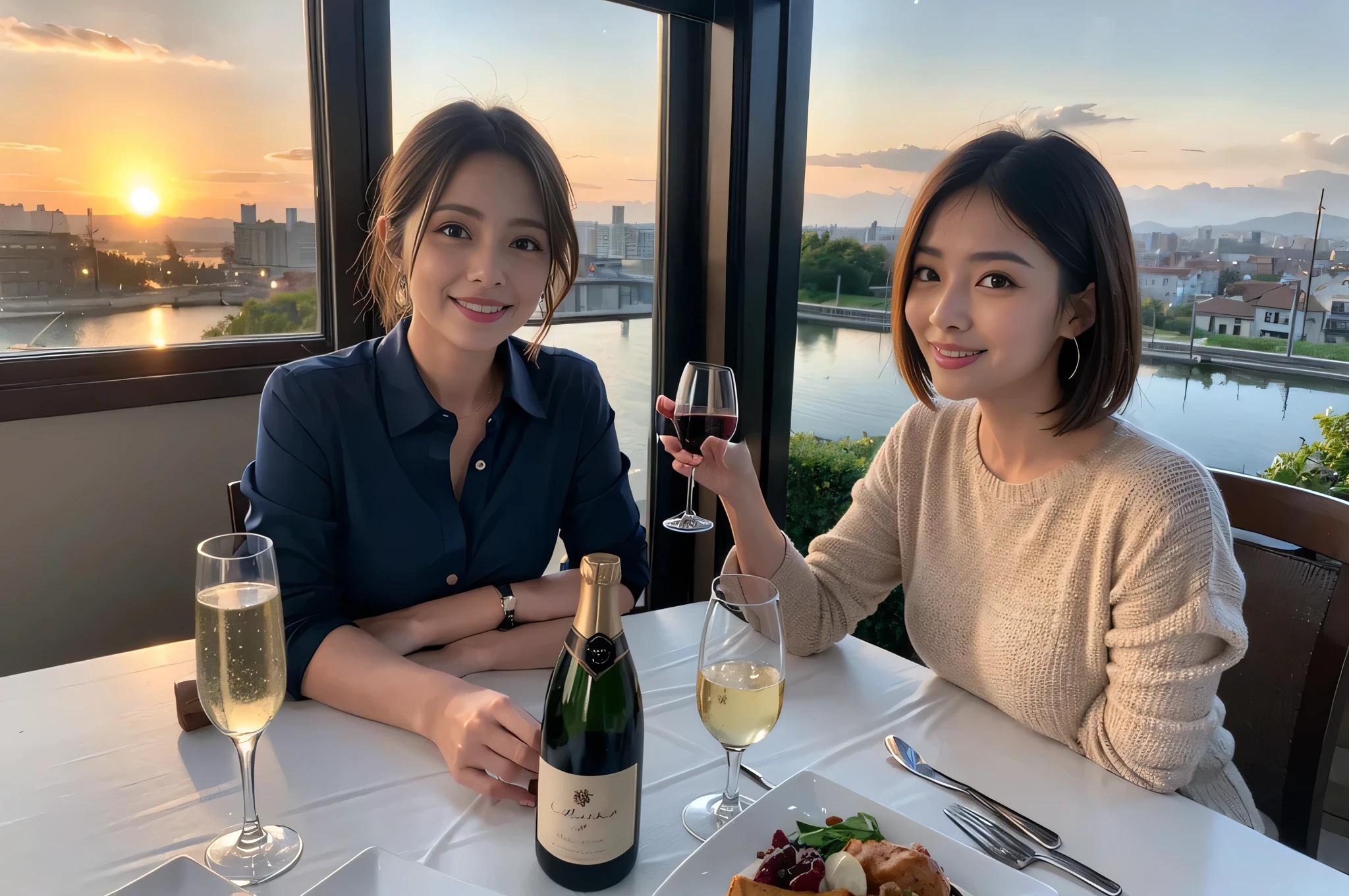 ((Highest quality、、masterpiece:1.3))、1 male 1 female、Satomi Ishihara、37 years old、Pink Couple、smile、 (Slim face), (the body is スリム), (Brown Hair), (Shortcuts), テーブルのフルコースディナーとwine glass、Amazing view of the sunset sky and clouds、smileの美しさ、Wine bottle、sparkling wine、Long sleeve shirt、dress、White wine, red wine, wine glass, 