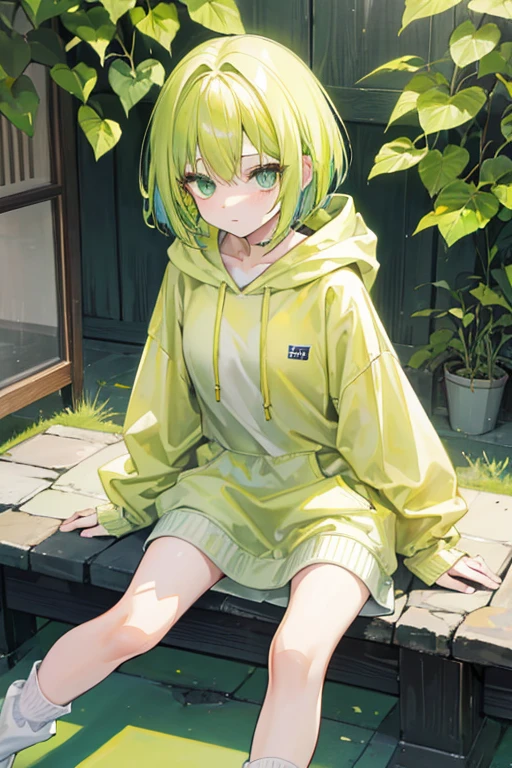 Yellow-green hair、Bob Hair、woman、young、Clothes、Gentle and calm、Solid stuff、Mature、Green Eyes、Oversized, baggy hoodie、Knee-high socks、cute