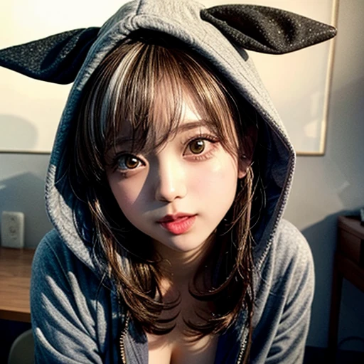  NSFW, (Girl in ((Yellow)) Pikachu hood), (naked hoodie, hood loosely open), MoreSode . masterpiece 8K best quality, (RAW PhotoRealistic HyperRealism:1.37) Ultra-detailed, (Acutance:0.85), VolumetricLighting, (Studio) gray background with (Blurred colorful Lights dazzling bokeH:1.28), { (Overflowing Gigantic Cleavage;1.2) | Navel | (Golden ray illuminating face) | (Photon Particles:0.95) } . BREAK . (((Extremely detailed KAWAII face))), perfect anatomy, Childish, CaptivatingGaze, Elaborate detailed Eyes with (Sparkling Highlights:1.28), Beautifull Pupils, (Voluminous Long Eyelashes:0.88)、Glossy Lips, Rosy Cheeks, (Flawless FineSkin, Radiant PearlSkin with Transparency) . { (joyful expressions:1.28) | (:d) }, (Large eyes:-1) . (((from above, leaning forward with DownBlouse)))
