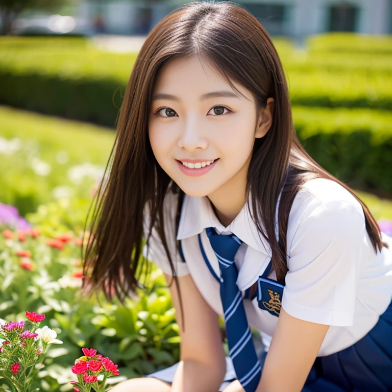 (((full bodyesbian)))、((Girls' High School Uniforms))、((1a person))、ponytail、short-hair、Close to the subject、((a school flower beds)))、(((ssmile)))、(((Girls' High School)))、((a beauty girl))、((natural pose))、Photorealsitic、Beautiful detailed eyes、Hyper-Realism、highcontrast、Ultra HD、realistic skin textures、Top image quality、top-quality、超A high resolution、Fine details、Very meticulously、bokeh、well-endowed round bosom