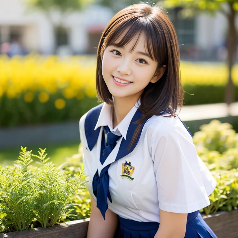(((full bodyesbian)))、((Girls' High School Uniforms))、((1a person))、ponytail、short-hair、Close to the subject、((a school flower beds)))、(((ssmile)))、(((Girls' High School)))、((a beauty girl))、((natural pose))、Photorealsitic、Beautiful detailed eyes、Hyper-Realism、highcontrast、Ultra HD、realistic skin textures、Top image quality、top-quality、超A high resolution、Fine details、Very meticulously、bokeh、well-endowed round bosom