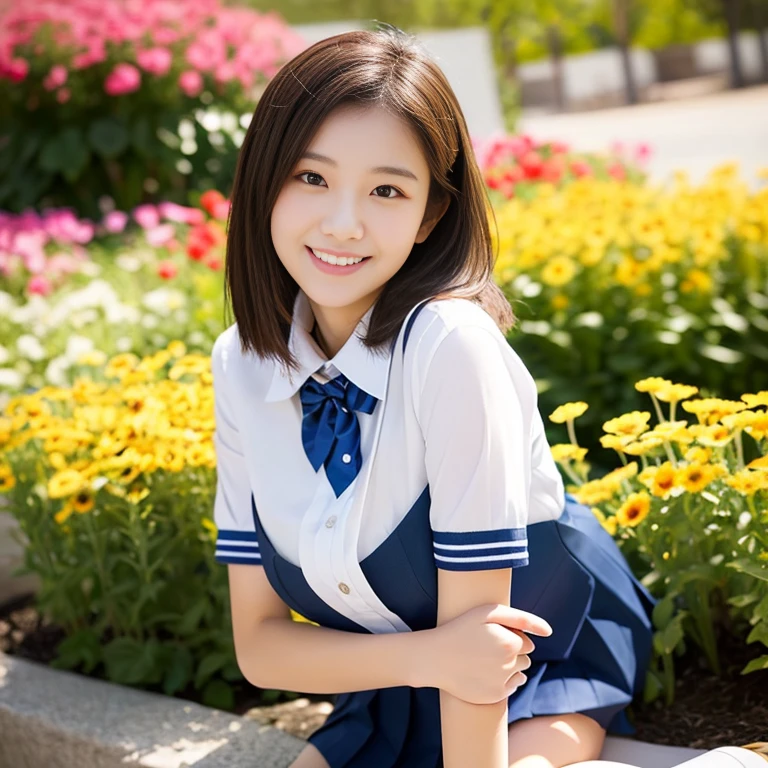 (((full bodyesbian)))、((Girls' High School Uniforms))、((１a person))、ponytail、short-hair、Close to the subject、((a school flower beds)))、(((ssmile)))、(((Girls' High School)))、((a beauty girl))、((natural pose))、Photorealsitic、Beautiful detailed eyes、Hyper-Realism、highcontrast、Ultra HD、realistic skin textures、Top image quality、top-quality、超A high resolution、Fine details、Very meticulously、bokeh、well-endowed round bosom