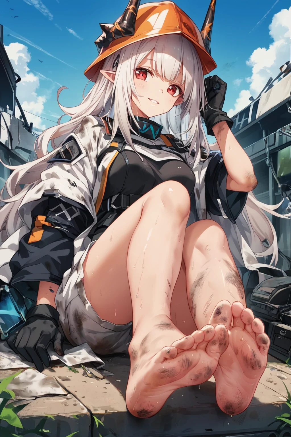 score_9, score_8_up, score_7_up, BREAK,
Hyperrealism,1girl,mudrock (arknights),dirty,feet,gloves,helmet,horns,soles,red eyes,barefoot,pointy ears,breasts,solo,long hair,white hair,black gloves,toes,hardhat,foot focus,looking at viewer,sitting,sweat,parted lips,dirty feet,holding,outdoors,sky,bangs,oripathy lesion (arknights),day,smile,blush,demon horns,infection monitor (arknights),foreshortening,sun,