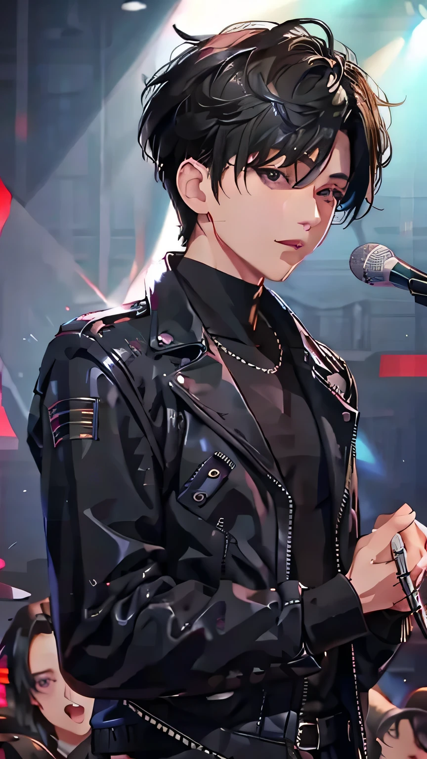 highest quality、Man singing on live stage、Black Hair、Short Hair、Wearing a black leather jacket、Colorful proofs、Detailed face