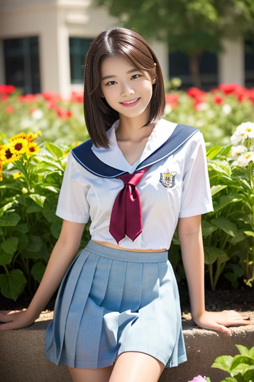 (((full bodyesbian)))、((Girls' High School Uniforms))、((１a person))、ponytail、short-hair、Close to the subject、((a school flower beds)))、(((ssmile)))、(((Girls' High School)))、((a beauty girl))、((sexy  pose))、Photorealsitic、Beautiful detailed eyes、Hyper-Realism、highcontrast、Ultra HD、realistic skin textures、Top image quality、top-quality、超A high resolution、Fine details、Very meticulously、ample round bosom
