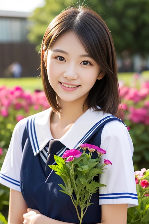 (((full bodyesbian)))、((Girls' High School Uniforms))、((1a person))、ponytail、short-hair、Close to the subject、((a school flower beds)))、(((ssmile)))、(((Girls' High School)))、((a beauty girl))、((sexy pose))、Photorealsitic、Beautiful detailed eyes、Hyper-Realism、highcontrast、Ultra HD、realistic skin textures、Top image quality、top-quality、超A high resolution、Fine details、Very meticulously、ample round bosom