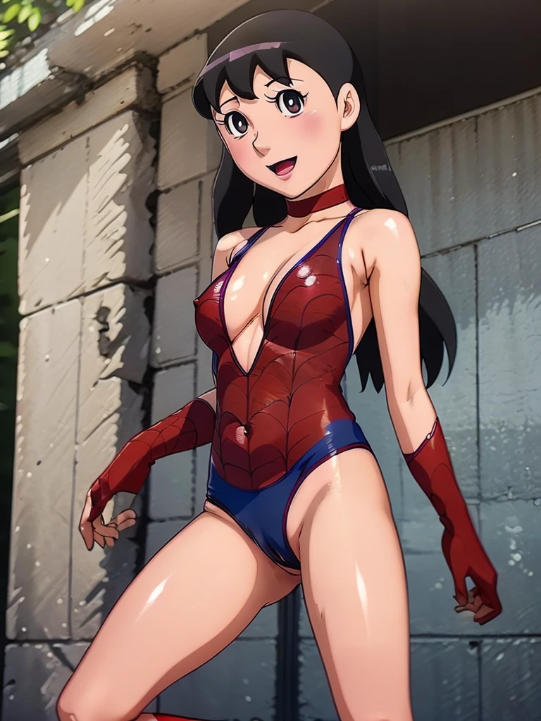 a close up of a person with long hair and a spiderman clothes, hyuga hinata, hyuga hinata from anime naruto shippuden, as an anime character, perfect anime face, she has dark blue hair with bangs, female anime character, anime character, anime best girl, hime cut hairstyle, dark blue hair, wearing a spiderman costume, (red glossy lips:1.3), white eyes, byakugan eyes, smile, realistic, spiderman clothes, ultra detail, city background, (beautiful face:1.3), medium breast, show nipples, show vagina, spread legs.