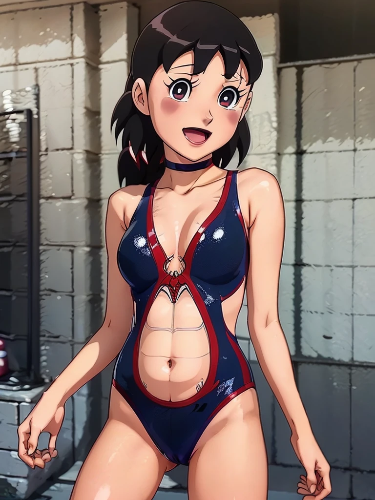 a close up of a person with long hair and a spiderman clothes, hyuga hinata, hyuga hinata from anime naruto shippuden, as an anime character, perfect anime face, she has dark blue hair with bangs, female anime character, anime character, anime best girl, hime cut hairstyle, dark blue hair, wearing a spiderman costume, (red glossy lips:1.3), white eyes, byakugan eyes, smile, realistic, spiderman clothes, ultra detail, city background, (beautiful face:1.3), medium breast, show nipples, show vagina, spread legs.
