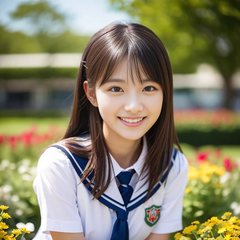 (((full bodyesbian)))、((Girls' High School Uniforms))、((１a person))、ponytail、short-hair、Close to the subject、((a school flower beds)))、(((ssmile)))、(((Girls' High School)))、((a beauty girl))、((natural pose))、Photorealsitic、Beautiful detailed eyes、Hyper-Realism、highcontrast、Ultra HD、realistic skin textures、Top image quality、top-quality、超A high resolution、Fine details、Very meticulously、bokeh、well-endowed round bosom