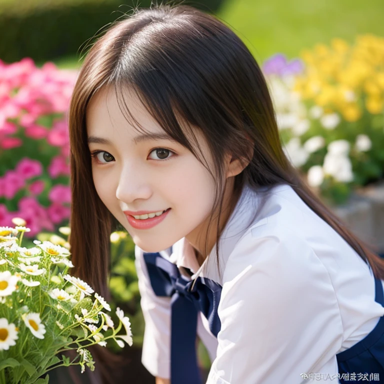 (((full bodyesbian)))、((Girls' High School Uniforms))、((1a person))、ponytail、short-hair、Close to the subject、((a school flower beds)))、(((ssmile)))、(((Girls' High School)))、((a beauty girl))、((natural pose))、Photorealsitic、Beautiful detailed eyes、Hyper-Realism、highcontrast、Ultra HD、realistic skin textures、Top image quality、top-quality、超A high resolution、Fine details、Very meticulously、bokeh、well-endowed round bosom