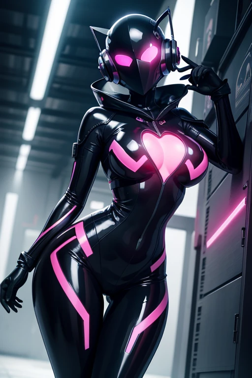 Dronificated unknown woman in a fully enclosed black latex fullbody suit with pink lights across the suit and heart shaped glowing core in the chest, fully enclosed cyber helmet that cover her whole face and hides her identity with only two glowing pink lines in it's otherwise, empty black face, huge breast, narrow waist, wide hips and thick thigs, in a storage facility, no face, no hair, no mouth, no eyes