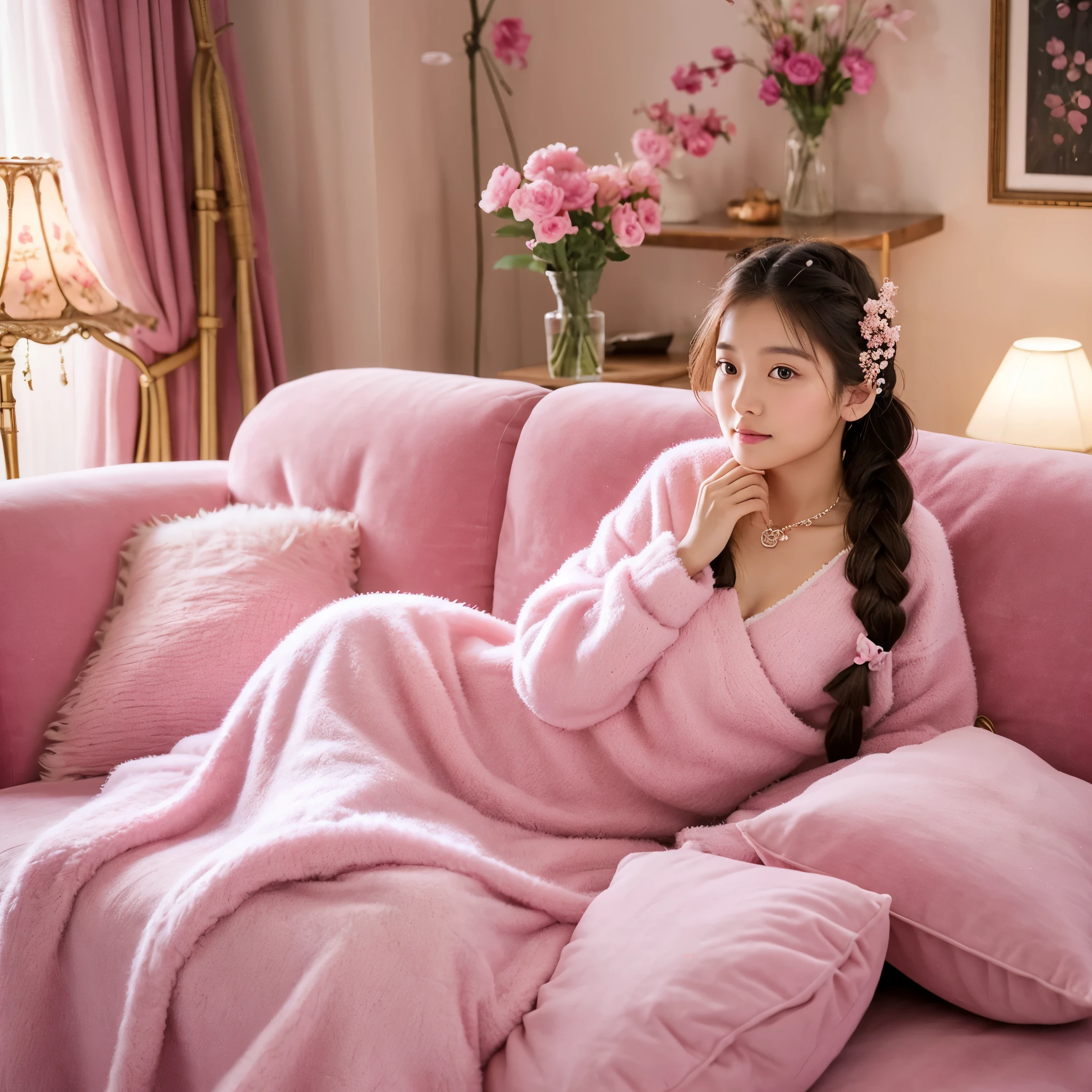 a young asian woman, wearing a beautiful long pink dress, with her hair styled in braids, sitting sideways and looking at the camera on a long light pink sofa with matching pillows, a soft pink fur blanket lying on the sofa, adds texture and warmth, the room is dominated by soft pink and purple colors, which create a romantic and feminine atmosphere, the floor of the room looks clean and tidy, there are large pink flowers decorating the top of the room, as if it were a beautiful natural canopy,  the sofa accentuates the beauty of the floral decoration