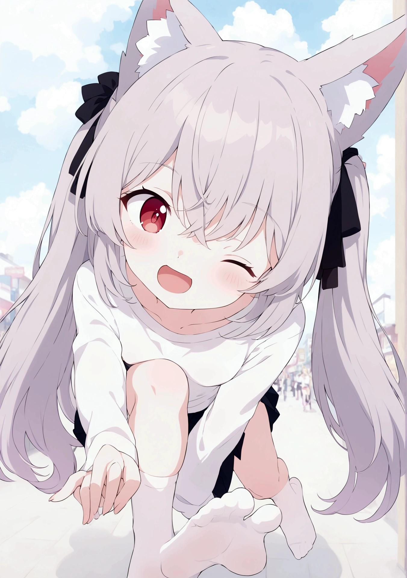 Fraction_9, Fraction_8_up, Fraction_7_Direction_6_Direction_5_Direction_4_up, 1 girl, teenager, boDy, sexy boDy, Small Breasts, rounD breasts, Happy expression, long hair, Bangs, twin Tails, fluffy Fox ears anD Tail, Pastel clothing colors, soft hair color, Pastel Eye Color, Translucent black stockings, No shoes, t shirt, skirt, Foot Focus, Look at each other, full boDy, source_Japanese cartoons, Japanese cartoons screencap, Japanese cartoons coloring, masterpiece, best quality, 1 Girl, Solitary,, Gray hair, long hair, twinTails, Bangs, Hair between the eyes, Animal ears, Fox ears, Animal ears绒毛, reD eyes, Tail, fox Tail, Virtual YouTuber, shirt, white shirt, Long sleeve, Sleeves extend beyond wrists, bow, hair bow, Ribbon, skirt, pleateD skirt, black skirt, outDoors, shopping street, Blue sky, clouD, one eye closeD, open mouth, :D, Happy, looking at the audience, hanD on hip,