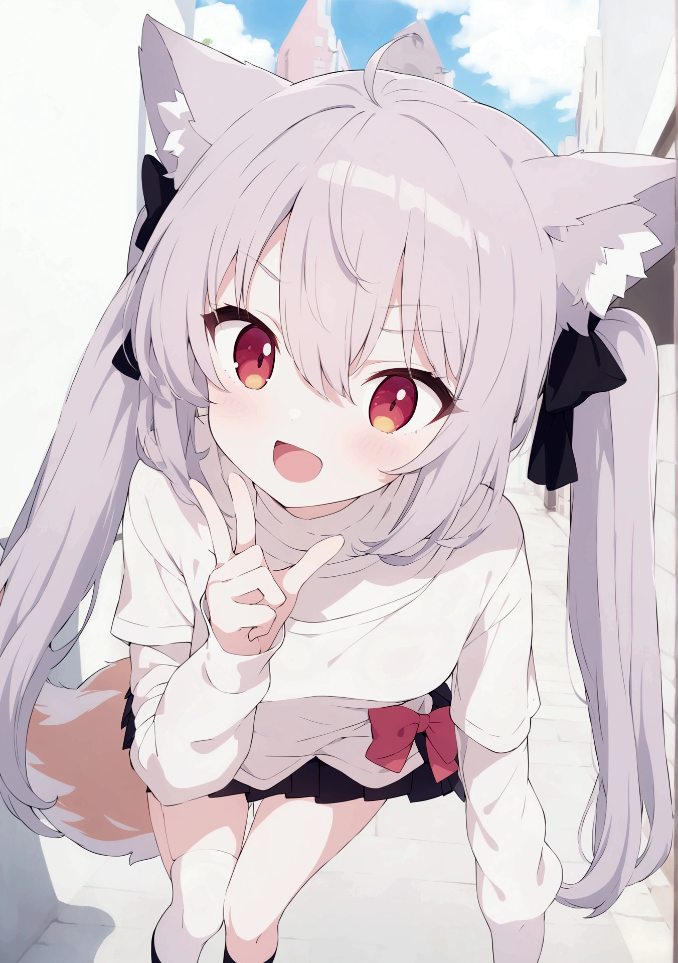Fraction_9, Fraction_8_up, Fraction_7_Direction_6_Direction_5_Direction_4_up, 1 girl, teenager, boDy, sexy boDy, Small Breasts, rounD breasts, Happy expression, long hair, Bangs, twin Tails, fluffy Fox ears anD Tail, Pastel clothing colors, soft hair color, Pastel Eye Color, Translucent black stockings, No shoes, t shirt, skirt, Foot Focus, Look at each other, full boDy, source_Japanese cartoons, Japanese cartoons screencap, Japanese cartoons coloring, masterpiece, best quality, 1 Girl, Solitary,, Gray hair, long hair, twinTails, Bangs, Hair between the eyes, Animal ears, Fox ears, Animal ears绒毛, reD eyes, Tail, fox Tail, Virtual YouTuber, shirt, white shirt, Long sleeve, Sleeves extend beyond wrists, bow, hair bow, Ribbon, skirt, pleateD skirt, black skirt, outDoors, shopping street, Blue sky, clouD, one eye closeD, open mouth, :D, Happy, looking at the audience, hanD on hip,