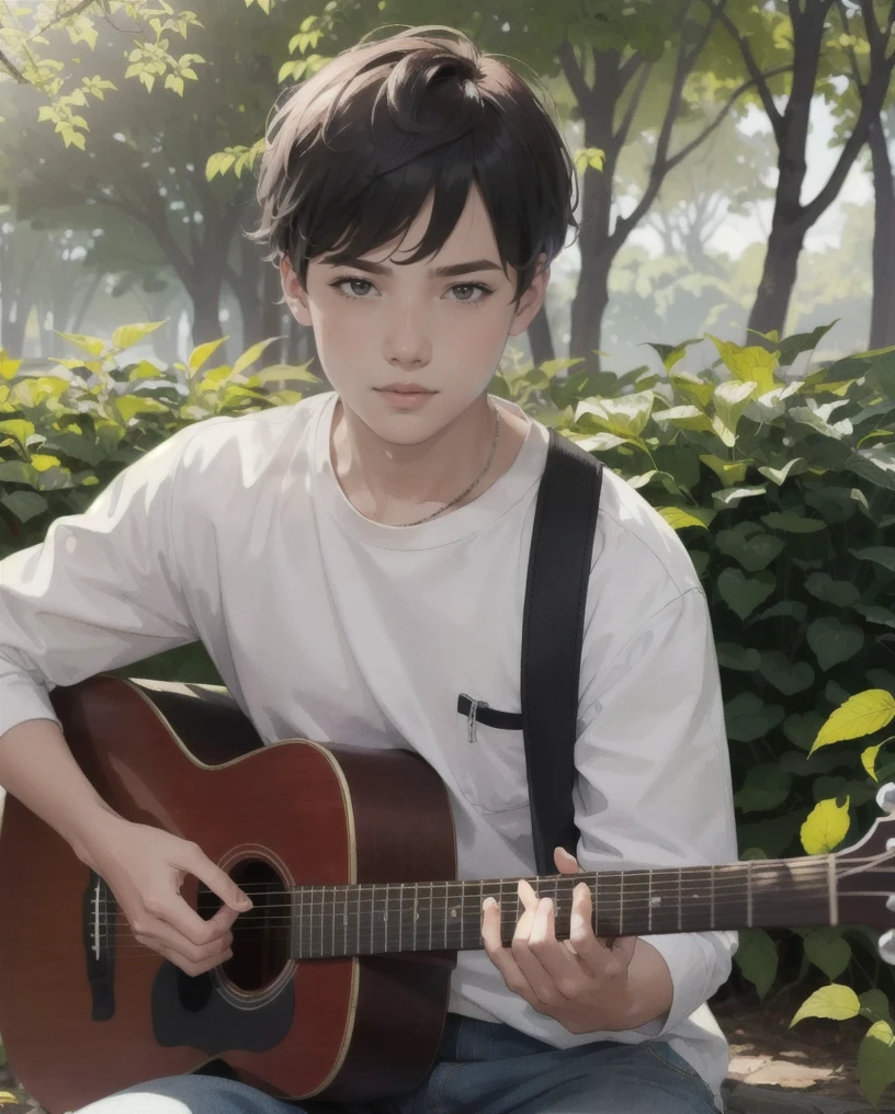 a young boy playing an acoustic guitar, detailed facial features, looking directly at camera, sitting in a lush green garden, natural lighting, serene atmosphere, detailed rendering, vibrant colors, photorealistic, 8k, high quality