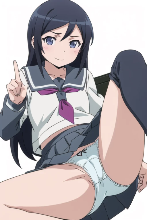 alone, One girl, View Viewer, 2D, anime, anime coloring, Upper Body, (Simple Background, White background:1.3), ayase aragaki, , serafuku, smile,Spread your legs, (((Skirt flip, I can see your panties))),,(((Skirt flip, I can see your pants))),,(((Put your hand in your panties))), (( Masturbating by touching the vagina with your fingers)),